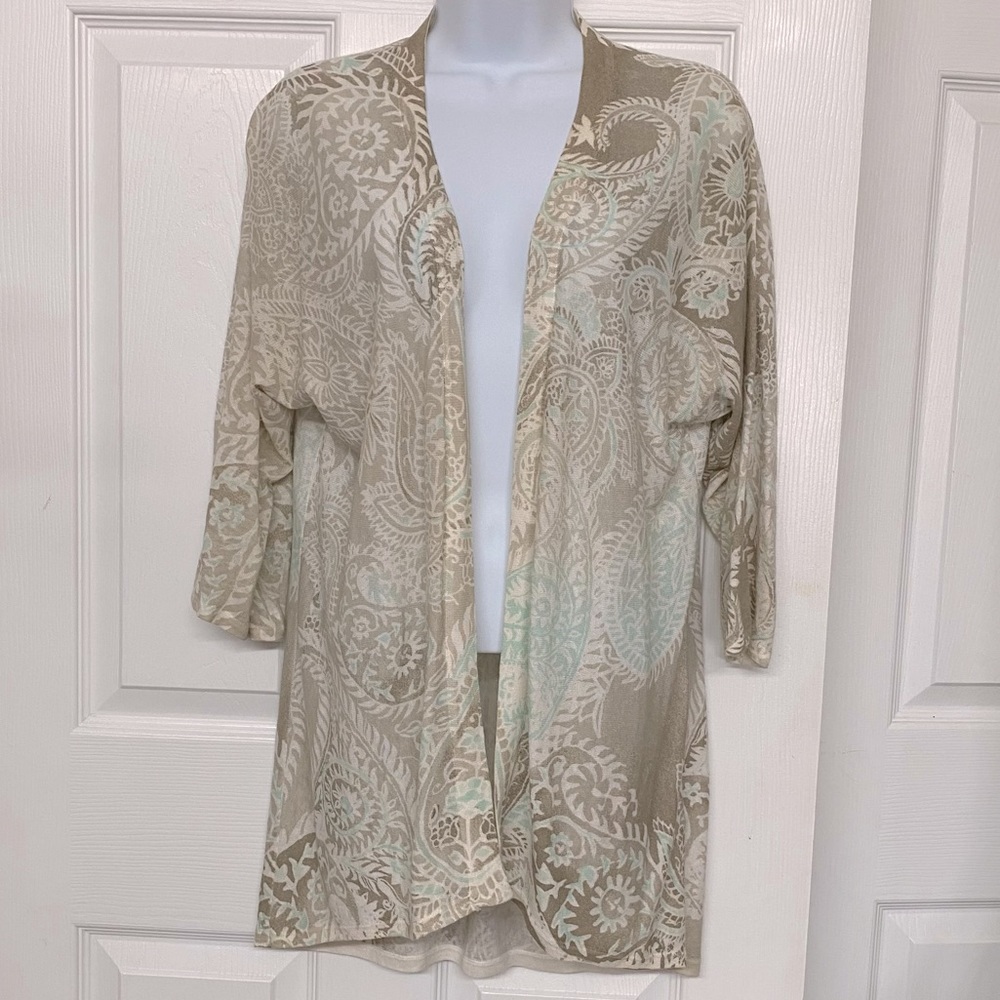Chico's Linen Blend Open Long Line Cardigan Neutrals Sz 1 (M)